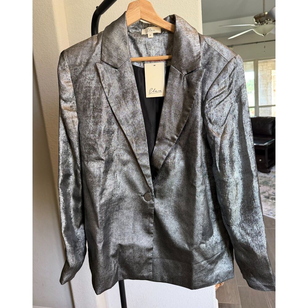 Elan Women Metallic Silver Medium Notch Lapel Single-Breasted Blazer M